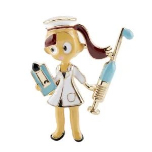 Detailed macro shot of a cute cartoon nurse brooch with a clipboard and syringe.