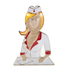 Detailed view of the enamel cartoon nurse brooch featuring vibrant red and white accents