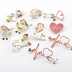 Cartoon Nurse Doctor Enamel Pin Cute Medical Theme Alloy Brooch Rhinestone Heart Stethoscope Badge For Hospital Workers Jewelry