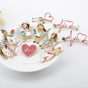 Collection of medical-themed enamel brooches including nurses and stethoscopes in a white plate