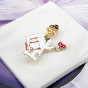 Macro view of cartoon nurse brooch with red heart and heartbeat pulse line detail