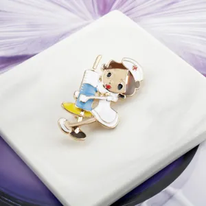 Close-up of a cute cartoon nurse brooch holding a syringe, ideal gift for medical staff