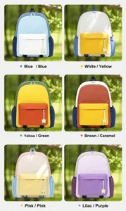 Collezione di vivaci zaini scolastici colorati per bambini in vari abbinamenti di colori