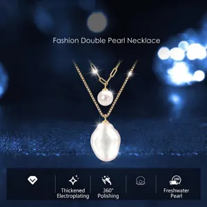 Double-layered elegant gold necklace with two white pearls on dark blue background