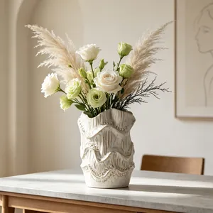 Vintage Artistic Ceramic Vase Irregular Wavy Texture Off White Wabi Sabi Decorative Flower Vase For Home Decor Living Room