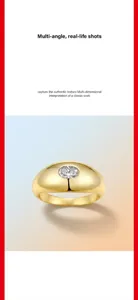 Detail view of a gold-plated S925 sterling silver ring featuring a round Moissanite stone
