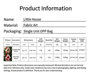 Detailed size and weight specification chart for plush Christmas house ornaments.