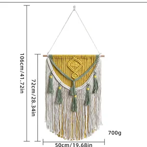 Diagramme détaillé des dimensions de la tapisserie murale en macramé fait main jaune