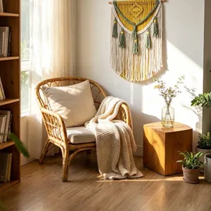 Gros plan d'une tenture murale en macramé faite main en jaune et beige pour la déco.