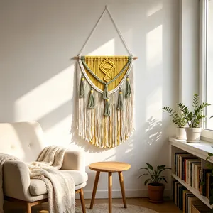 Suspension murale en macramé bohème faite main en coton jaune et vert avec glands