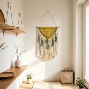 Tapisserie murale en macramé fait main en coton jaune et vert pour décoration maison