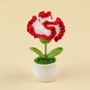 Handgemaakte gehaakte anjer in pot met rood-witte bloembladen in een witte keramische pot