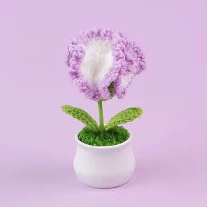 Handgemaakte paarse en witte gehaakte bloempotplant op een lichtpaarse achtergrond