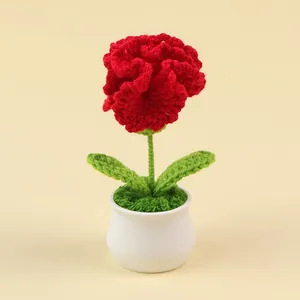 Handgemaakte rode gehaakte anjer in witte keramische pot, perfecte decoratie