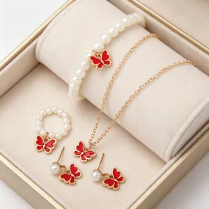 Parure de bijoux papillon en perles avec collier bracelet et boucles d'oreilles rouge