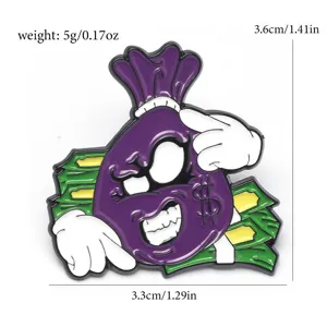 Badge en émail en forme de sac d'argent violet avec signe dollar et dimensions