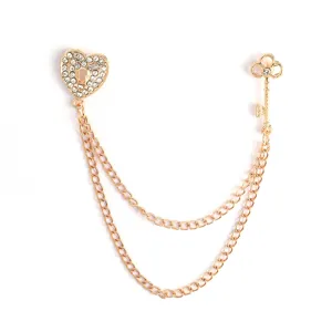 Fashion rhinestone heart and key brooch with double chain for suits