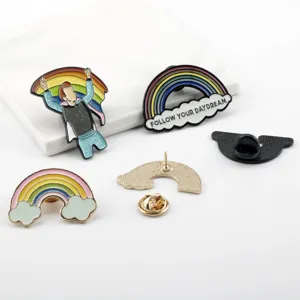 Vista dettagliata di spillette smaltate arcobaleno con design e meccanismi di chiusura