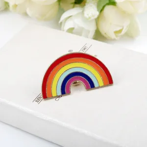 Primo piano dettagliato di una spilla in smalto arcobaleno colorato su una scatola regalo bianca