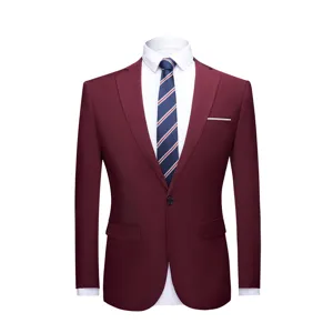 Vooraanzicht van een bordeauxrood slim-fit herenpak met wit overhemd en gestreepte stropdas.