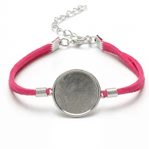 Close-up of 20mm blank cabochon tray bracelet with pink velvet cord