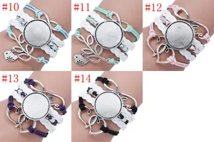 Macro view of multi-layer woven bracelets with DIY cabochon bezel bases in 5 colors