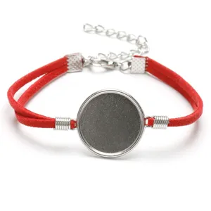 Red Korean velvet cord bracelet with 20mm silver round bezel tray for DIY jewelry