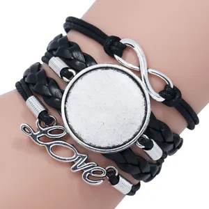 Multilayer braided leather bracelet with infinity charm and round gem tray base