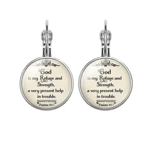 Detail view of lever-back earrings featuring Psalm 46:1 inspirational scripture.
