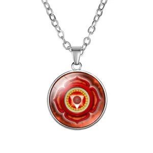 Close-up of 18mm red yoga mandala glass cabochon pendant necklace