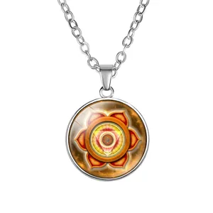 18mm silver yoga mandala pendant necklace with orange chakra glass cabochon