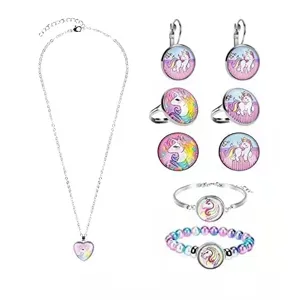 Niños Lindo Dibujos Animados Unicornio Aleación Conjunto de Joyas Pulseras de Cuentas Collares Anillos Pendientes Regalo de Moda