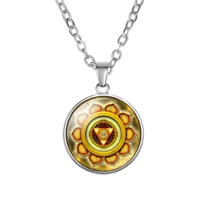 Yoga 18mm solar plexus chakra mandala pendant necklace silver chain detail