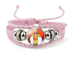 Pink multi-layer braided leather bracelet with religious Mazu glass cabochon jewelry