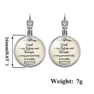 Detail view of silver cabochon earrings with Psalm 46:1 scripture and 7g weight