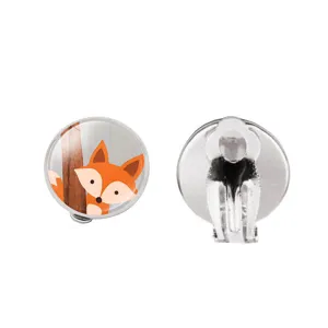 Cute cartoon fox design round silver-tone clip-on earrings for non-pierced ears