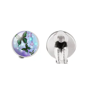 Butterfly pattern glass cabochon clip-on earrings set in purple gradient