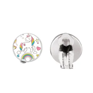 Cute cartoon unicorn and rainbow clip-on earrings for girls, non-pierced silver metal jewelry