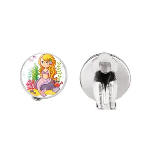 Cute cartoon mermaid clip-on earrings set featuring front illustration and back clip detail