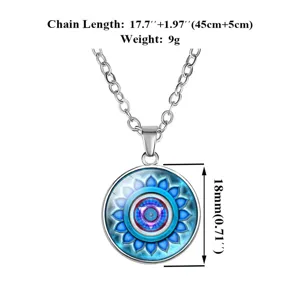 Detail view of 18mm blue yoga mandala pendant necklace with size and weight info