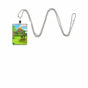 Collier à billes en argent avec un pendentif rectangulaire illustré de dinosaures