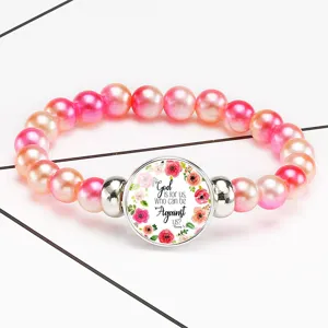 Religious beaded bracelet with Romans 8:31 Bible quote glass cabochon centerpiece