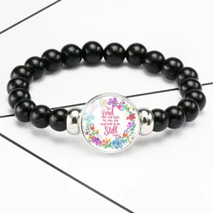Religious Exodus 14:14 quote glass cabochon black beaded stretch bracelet