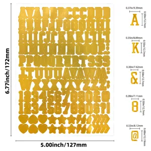Size specifications for 0.5 inch gold metallic alphabet and number stickers for DIY crafts