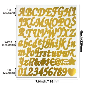 Detailansicht von 1-Zoll-Goldfolien-Alphabet-Aufklebern mit Höhen- und Bogenmaßen.