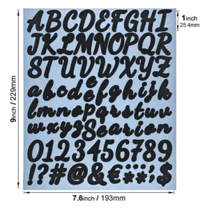 Macro view of a 9x7.6 inch sheet of 1-inch glitter script alphabet and number stickers