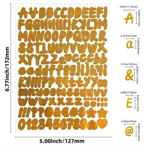 Guide des tailles détaillé pour autocollants dorés de lettres et chiffres pour bocaux