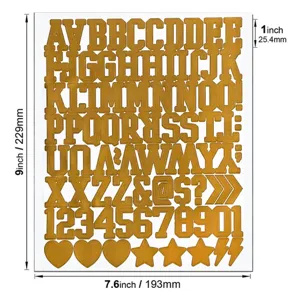Detail of gold vinyl alphabet and number stickers with dimension measurements