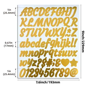 Detail view of 1 inch gold mirror alphabet stickers showing precise size measurements.