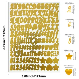 Tableau de dimensions détaillé pour autocollants dorés de lettres et chiffres de bricolage